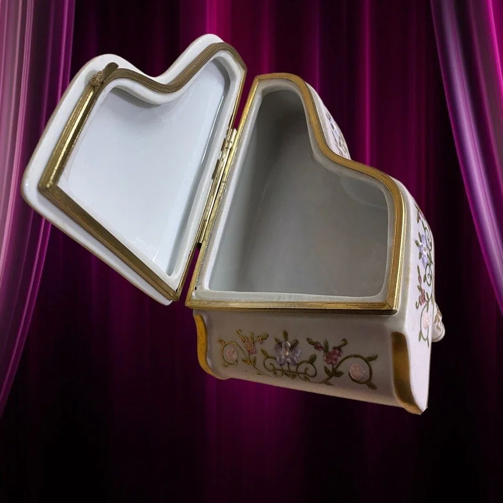 Vintage Piano Trinket Box Jewelry Japan Raised Embellished Floral Gold Trim